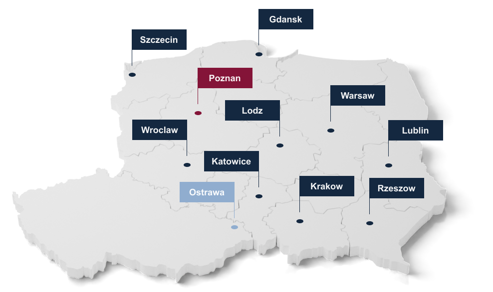 Map of Poland and Czech Republic with pins