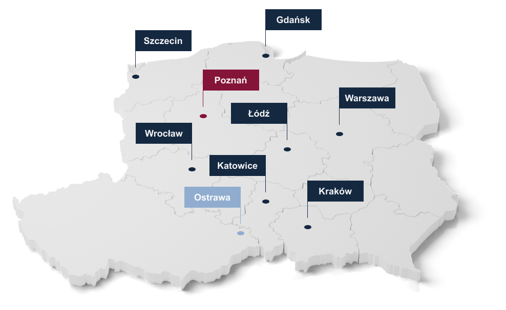 Map of Poland and Czech Republic with pins
